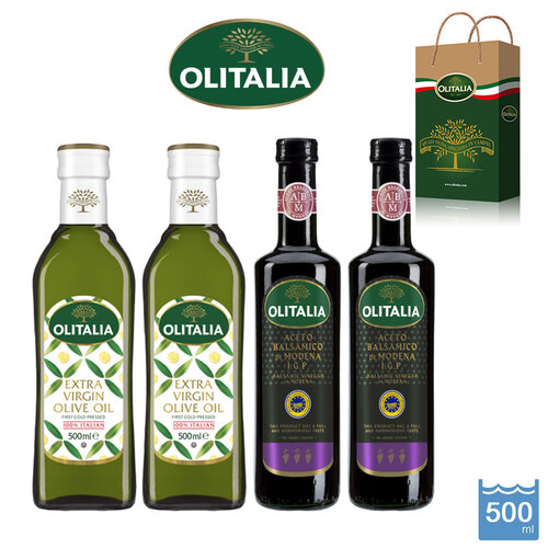 【Olitalia奧利塔】特級冷壓橄欖油 (500ml)*2瓶+葡萄醋 (500ml)*2瓶，合計4瓶，禮盒組
