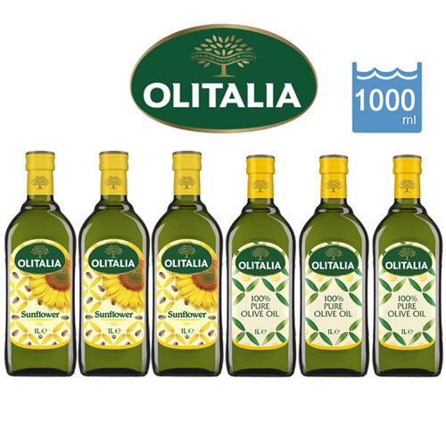 【Olitalia奧利塔】純橄欖油+葵花油1000ml各3瓶(禮盒裝)