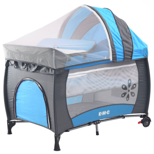 EMC 雙層安全嬰兒床(具遊戲功能)(平安藍)附贈尿布台、遮光罩與蚊帳