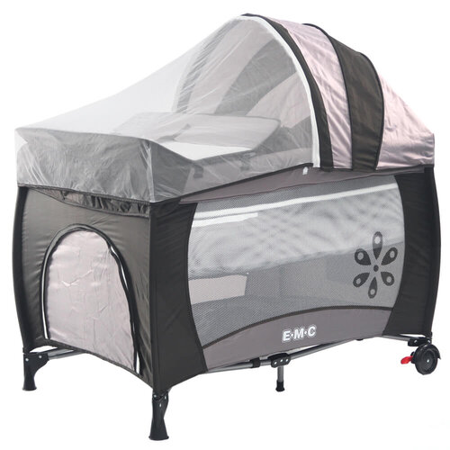 EMC 雙層安全嬰兒床(具遊戲功能)(咖啡色)附贈尿布台、遮光罩與蚊帳