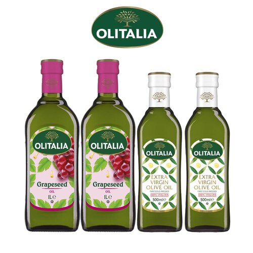 義大利【Olitalia 奧利塔】特級冷壓橄欖油 (500ml*2瓶)+葡萄籽油 (1000ml*2瓶)