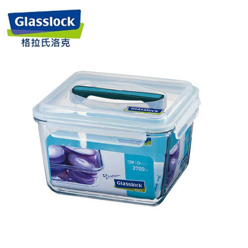 韓國Glasslock 手提長方強化戶外野餐大容量玻璃保鮮盒3700ml