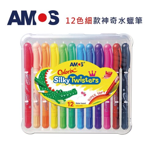 【AMOS 阿摩司】韓國原裝 細款12色無毐可水洗蠟筆(旋轉蠟筆)