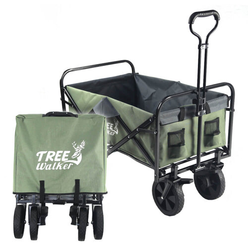 TreeWalker 新款有剎車多用途露營便攜摺疊置物手拉車(四輪推車)-軍綠