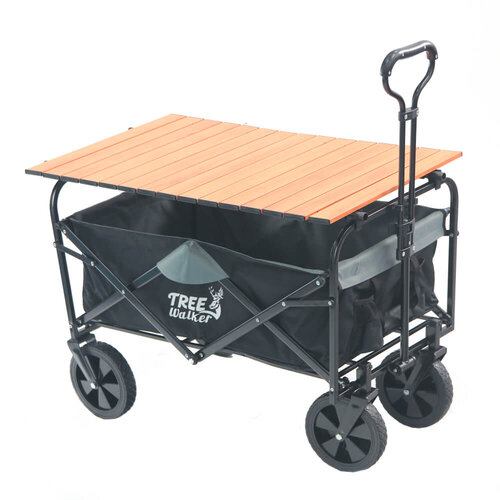 TreeWalker 多用途露營便攜摺疊置物手拉車(四輪推車)-加行動木紋桌板組