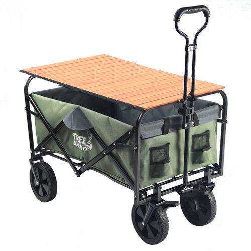 TreeWalker 新款有剎車多用途露營便攜摺疊置物手拉車(四輪推車)-軍綠色+露營推車木紋桌板