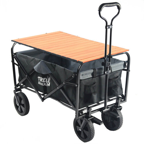 TreeWalker 新款有剎車多用途露營便攜摺疊置物手拉車(四輪推車)+露營推車木紋桌板