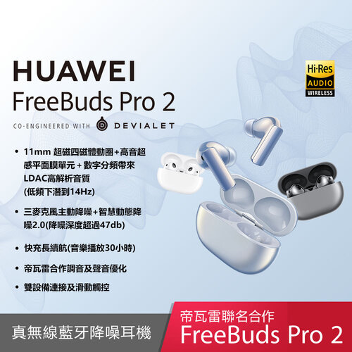 (贈原廠2A線) HUAWEI FreeBuds Pro 2 原廠真無線耳機 - 冰霜銀 (台灣公司貨)
