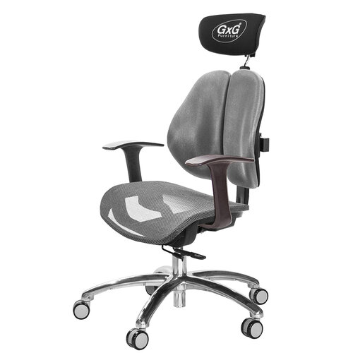GXG 雙軸枕 雙背工學椅(鋁腳/T字扶手) 中灰網座 TW-2706 LUA