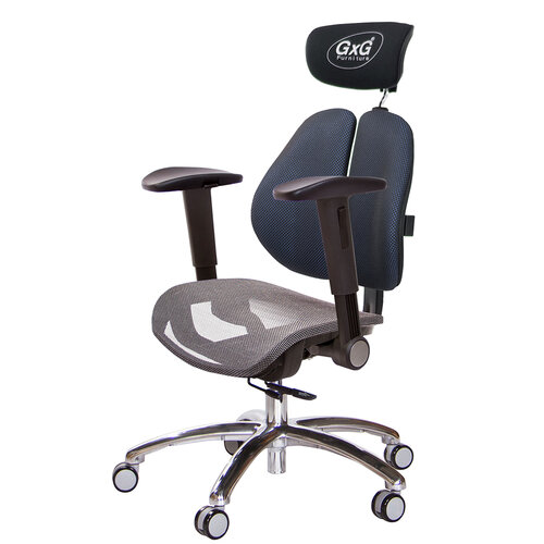 GXG 雙軸枕 雙背工學椅(鋁腳/摺疊滑面扶手) 中灰網座 TW-2706 LUA1J