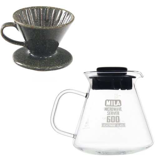 MILA日本製 織部燒 咖啡濾杯02-鐵織部釉+耐熱玻璃壺600ml