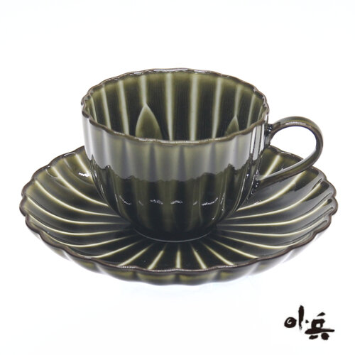 日本製 美濃燒小兵窯陶瓷咖啡杯盤-綠