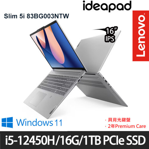 (硬碟升級)Lenovo 聯想 IdeaPad Slim 5 83BG003NTW 16吋/i5-12450H/16G/1TB PCIe SSD/W11 輕薄筆電