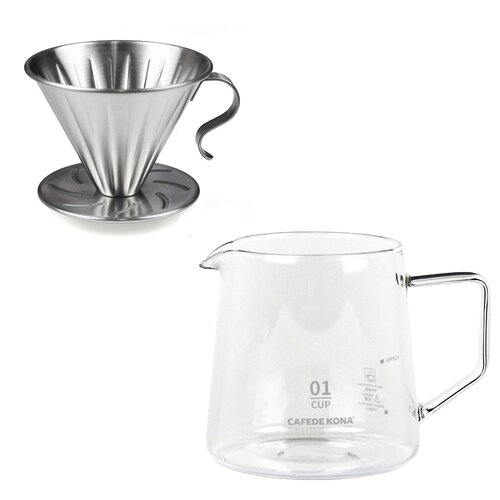 MILA不鏽鋼咖啡濾杯(1-2cup)+CAFEDE KONA 玻璃分享壺360ml-透明