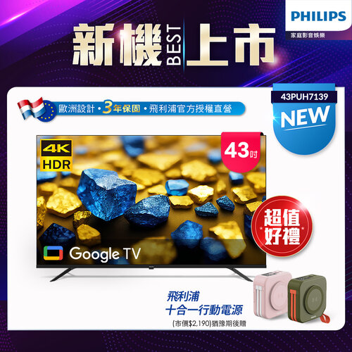 【Philips 飛利浦】43型 4K Google TV 智慧顯示器 43PUH7139 (不含安裝)