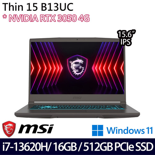 MSI 微星 Thin 15 B13UC-1418TW(15.6吋/i7-13620H/16G/512G PCIe SSD/RTX3050/W11 電競筆電
